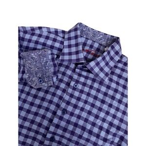 Robert Graham Boys Gingham Button Down Shirt Blue Purple Paisley Trim  14-16 L